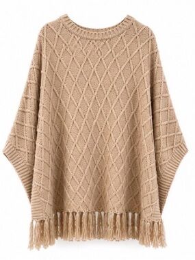 🆕 [A Ruby] Diamond Oatmeal Beige Diamond Knit Fringe Poncho Sweater M/L NWT